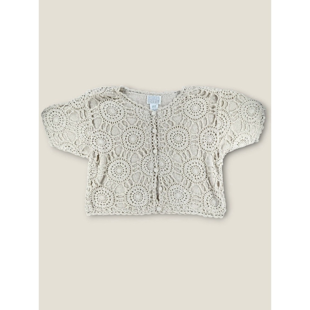 Moda Int'l Silk Cotton Crochet Knit Cardigan Sweater Cream Beige Womens S